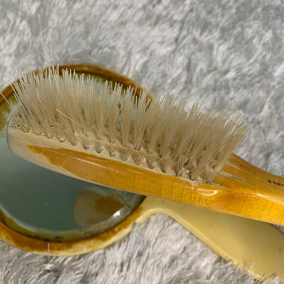 Antique 20s Mirror and Brush Set Wood Handle Hairbrush Celluoid - Picture 6 of 7